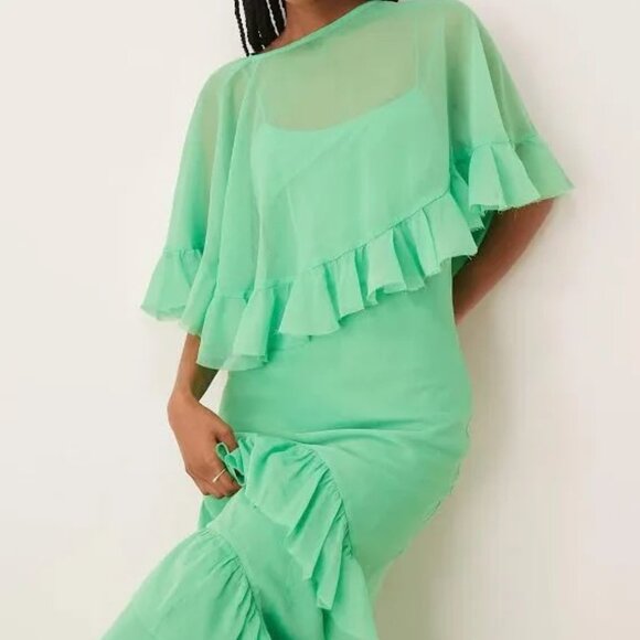 ASOS DESIGN cape overlay ruffle bias maxi dress in bright green - Picture 11 of 11
